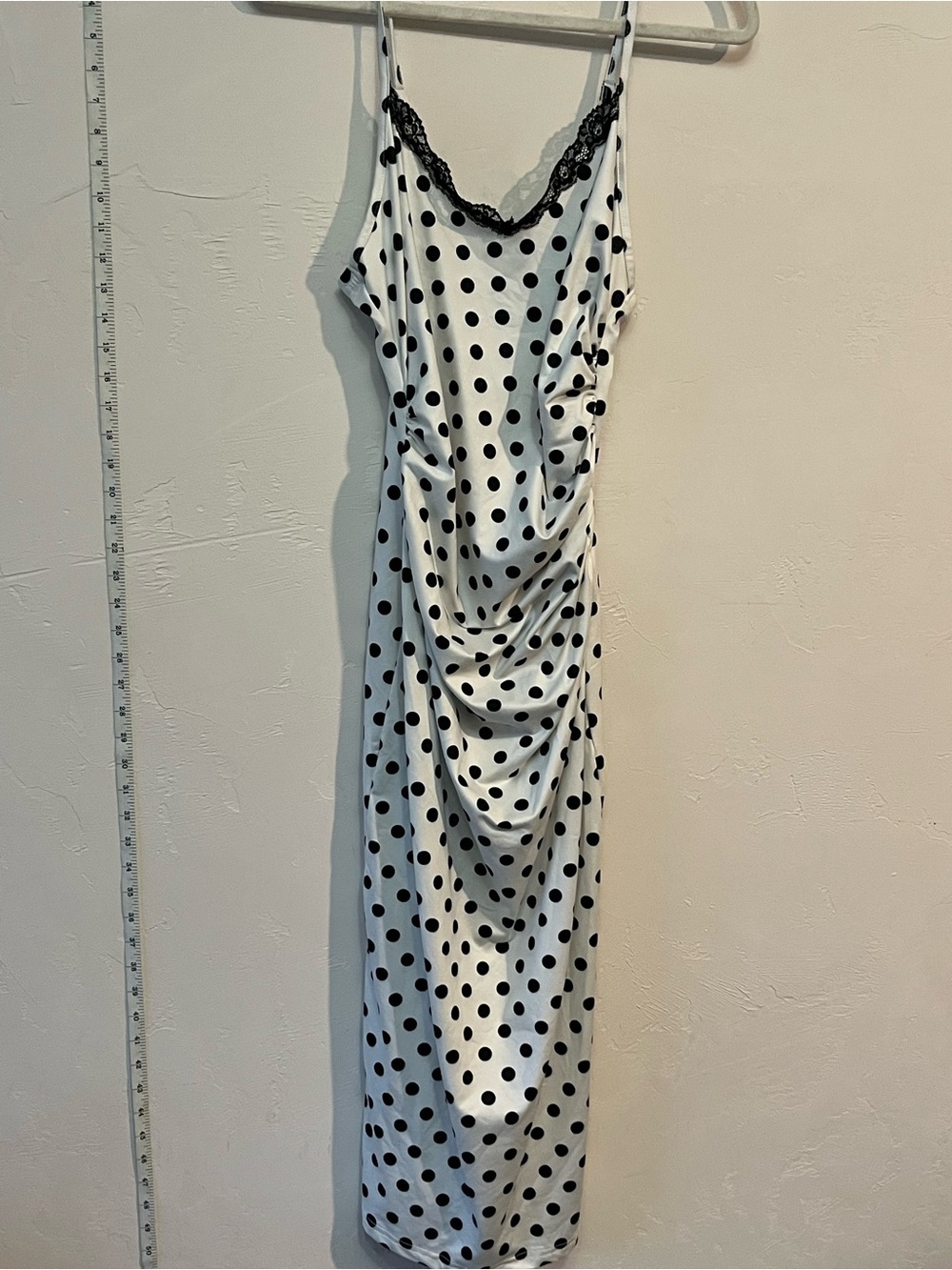 SHEIN White Maxi Slip Dress with Black Polka Dots and Lace Trim